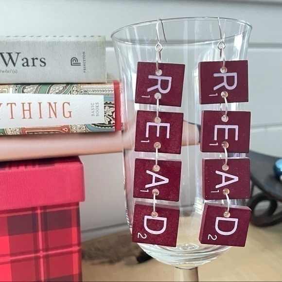 $10 SALE Handmade Scrabble Letter Tile Earring READ Maroon 4” Upcycle Library - Picture 1 of 2